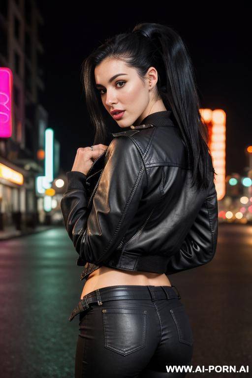 leather jacket, city street at night , high ponytail , full body view from behind very far away, neon city lights, opening jacket and starting to take it off, undressing - #main