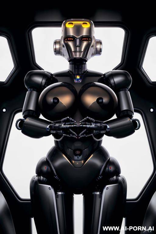 blonde robot, (fully black metallic body, huge robotic tits:1.3), spreading legs in a spaceship - #main