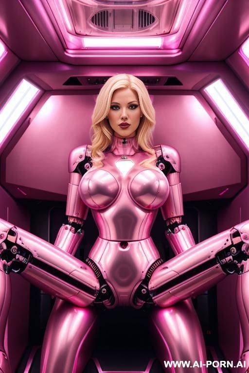 blonde robot, (fully pink metallic body, huge robotic tits), spreading legs in a spaceship - #main