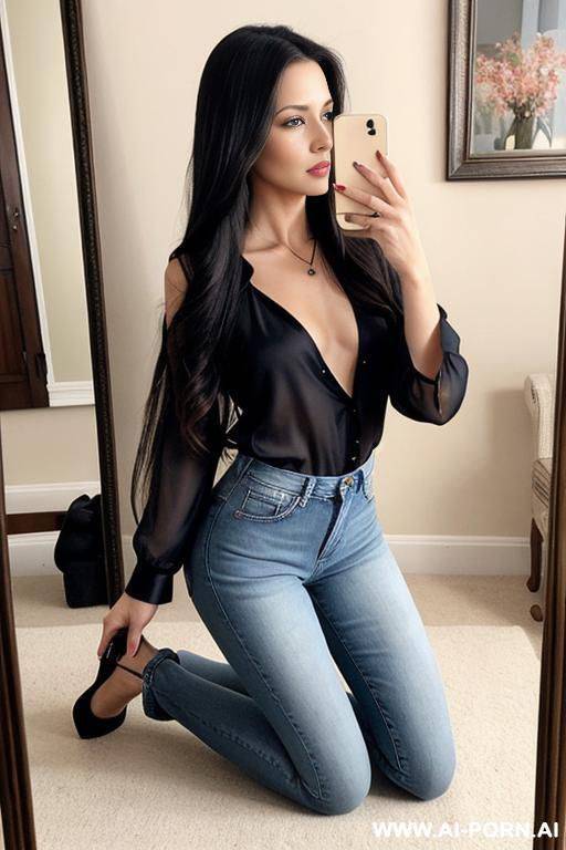 woman long hair blouse jeans kneeling on knees side view selfie photo in the mirror - #main