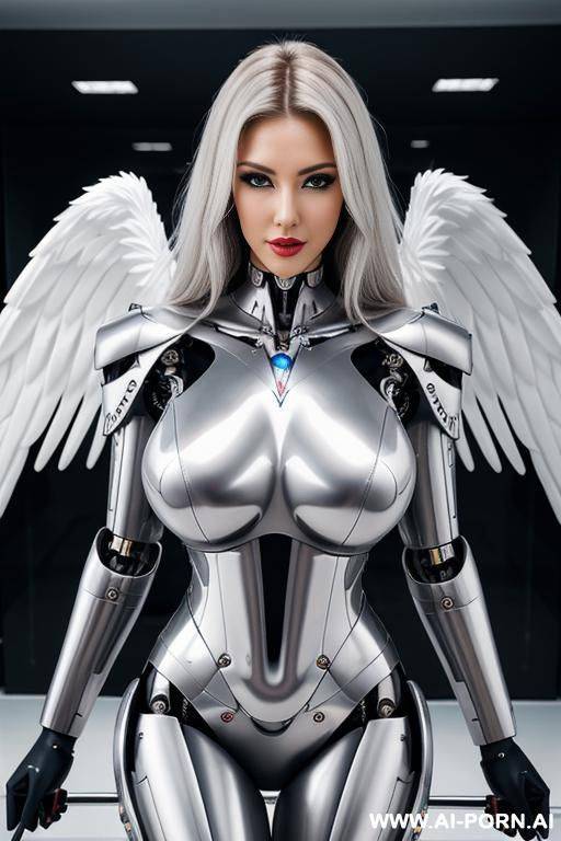 wonderful realistic beautiful angel cyborg robot woman big boobs completely made of metal color white with long legs with boots. - #main