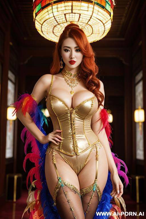 chinese, rainbow feather studed bright diamond transparent corset，feather tutu skirt， mesh robe， rainbow sequin bra ,necklace，rainbow large pointed thigh-high boots - #main