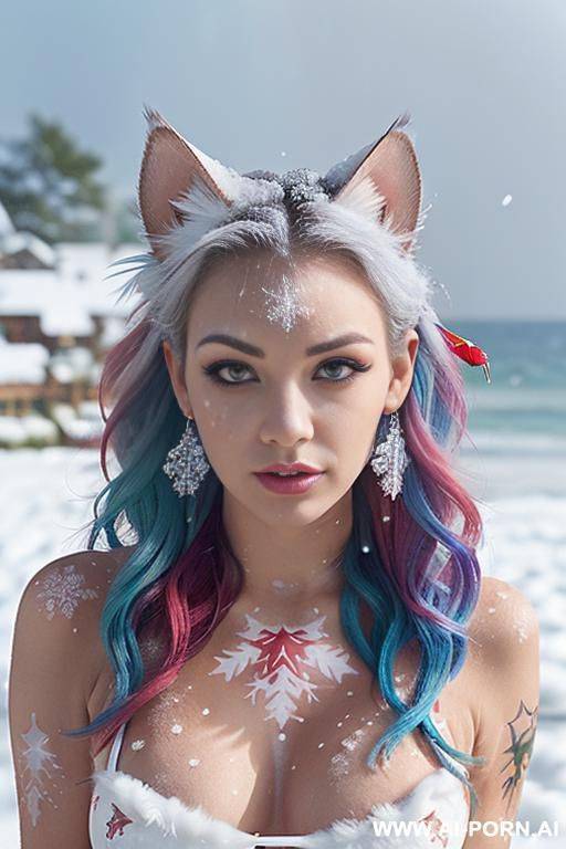 face, sexy, beautiful, ((face painting)), ((bikini as seashell)), ((tattoo roses)), ((eyes shw)), ((angel wings)), ((rainbow hair)), ((long bu hair)), ((wind)), (( cat face)), (( cat ears)), (((feather - #main