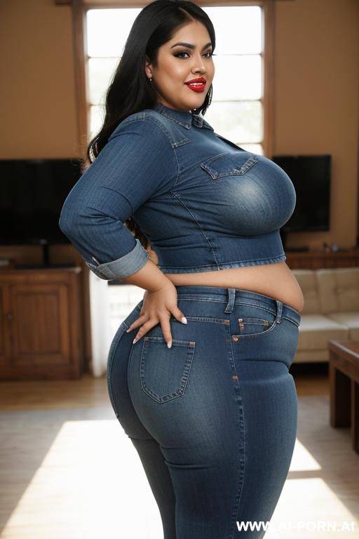 side view, huge thighs, mexican, very fat, wide hips, masterpiece, beautiful, sassy, hourglass figure, tight blue jeans, tight white shirt, heavy makeup, chola, chicana, extremely thicc, bbw, big boned - #main