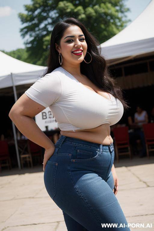 side view, mexican, fat, wide hips, masterpiece, beautiful, sassy, hourglass figure, tight blue jeans, tight white shirt, heavy makeup, chola, chicana, extremely thicc, bbw - #main