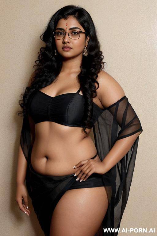 skin, , beautiful, indian woman, navel, round glasses, chubby, saree reveal, background ((wall) - #main
