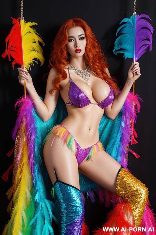 chinese carnival woman, laying on the back, legs wide spread, rainbow feather studed bright diamond transparent corset，feather tutu skirt， mesh robe， rainbow sequin bra ,necklace，rainbow large pointed thigh-high boots - #main