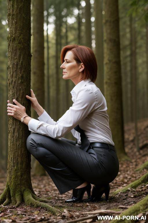 slender german woman, shirt pants, pointy chin, squatting in forest, spread legs, side-view - #main