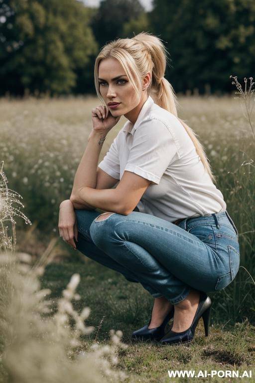 german woman jeans blonde, ponytail squatting in weeds, edgy chin, open legs - #main