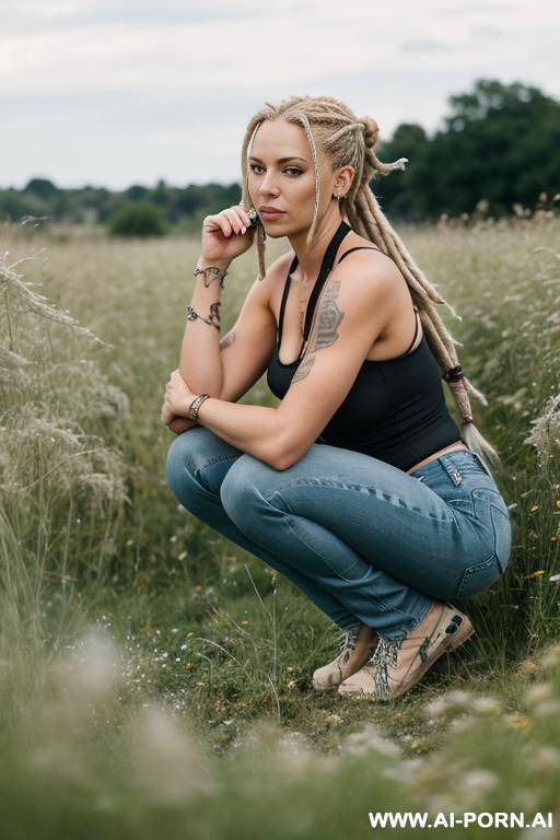 german woman jeans blonde dreadlocks, ponytail squatting in weeds, edgy chin, open legs - #main