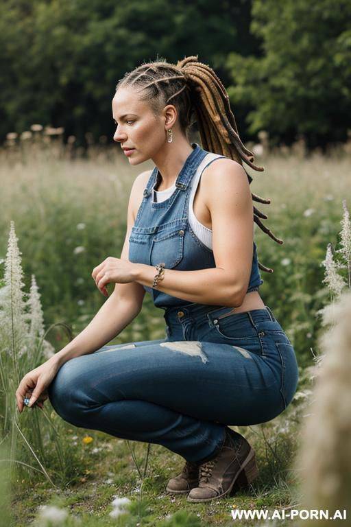 german woman jeans dreadlocks, ponytail squatting in weeds, edgy chin - #main