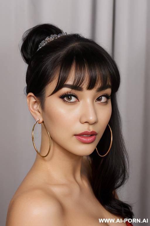 half african half asian, hair accessory (ahegao) (flowing hair) (((extremely beautiful))) (((full lips))) (shaped eyebrows) (submissive) (hoop earrings) (((hourglass figure))) ((very pretty clean face)) (sexy pose) - #main