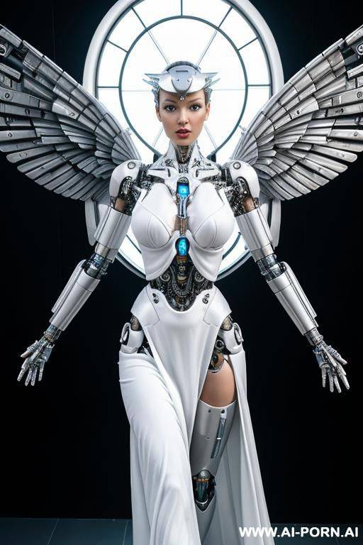 detailed real cyborg robot angel with no hands , in celestial paradise, with a loose white dress - #main