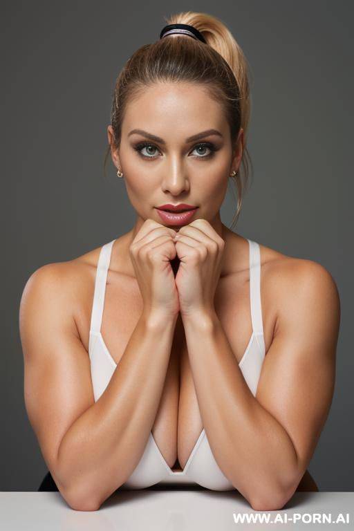 bigger arms, full-length portrait photo of a strong woman, nude, showing her forearms, zoom out, curvy, whole body, low camera angle, mid 30s, ponytail, looking at the camera, blonde, whole body image. - #main