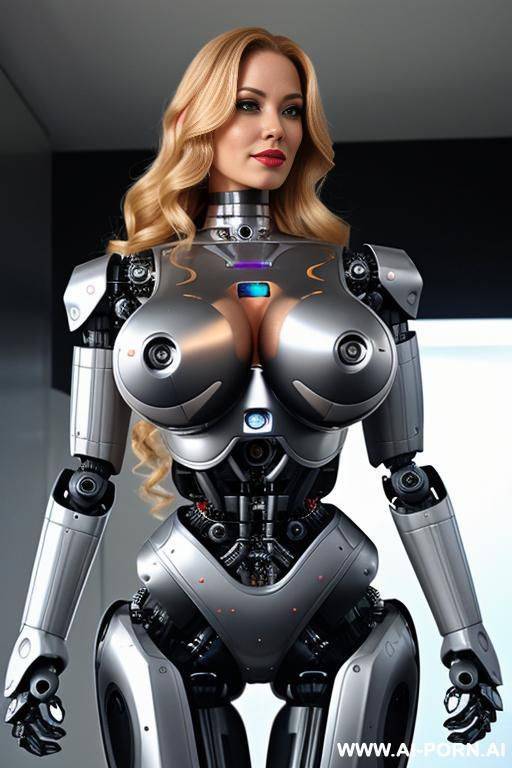 sexy robo cop, long curly blonde hair, fully robotic body, (shapely fit body, huge robotic tits:1.3) - #main