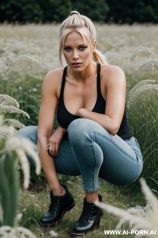 german woman jeans blonde, ponytail squatting in weeds, edgy chin, open legs - #main