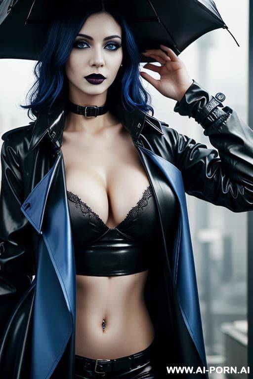 (close up) (goth woman) (pallid skin) (blue eye tint) (short black trench coat) (rainy cyberpunk city) - #main
