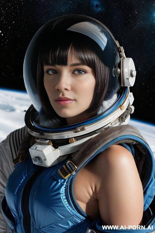 _topless space suit, snowy mountain, bangles, short bob hair, messy blue hair, huge breast, carrying a space helmet, nordic scenery, - #main