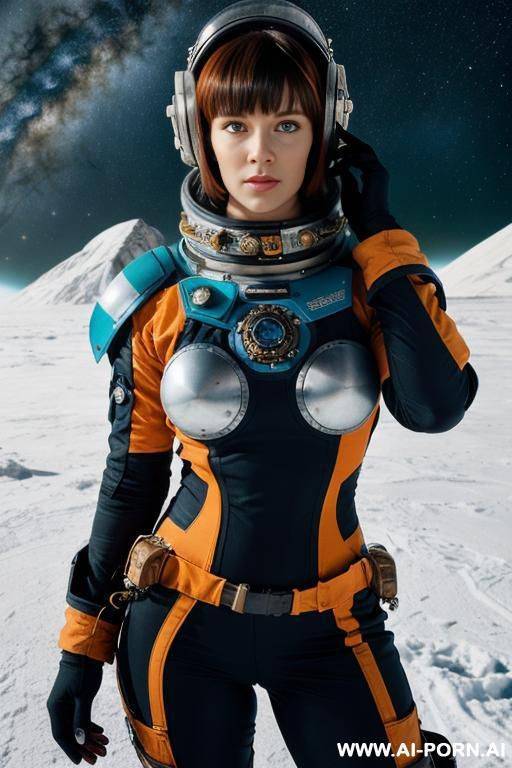 woman in a steampunk space suit, bangles, short bob hair, messy blue hair, holding a space helmet, nordic scenery, snowy mountain with a wrecked space ship, orange with red lines and black letters - #main