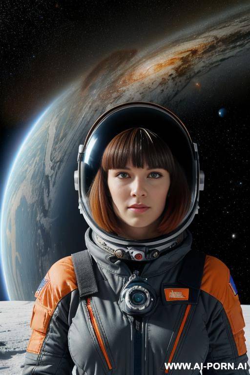 woman in a dark gray space suit, bangles, short bob hair, messy blue hair, holding a space helmet, nordic scenery, snowy mountain with a wrecked space ship, orange with red lines and black letters - #main