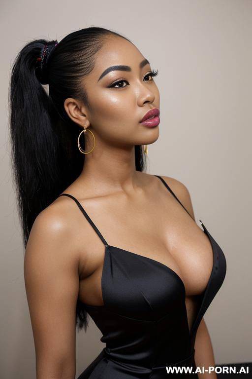 (((african+chinese mixed race))) (hair accessory) (ahegao) (flowing hair) (((extremely beautiful))) (((full lips))) (shaped eyebrows) (submissive) (hoop earrings) (((hourglass figure))) ((very pretty clean face)) (sexy pose) - #main