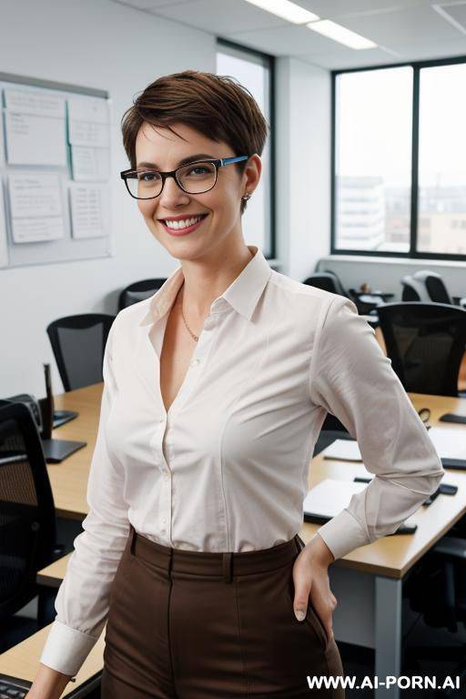 short nerdy german woman, late 20s, pixiecut, friendly , grinning, brown hair, standing in office - #main