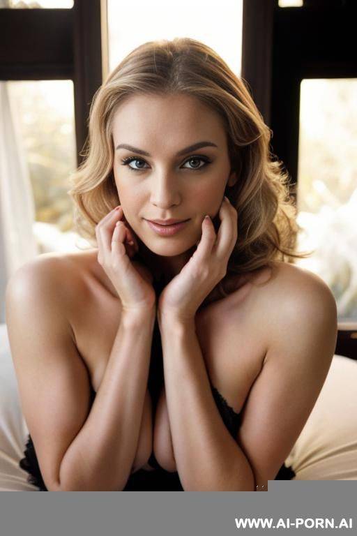 sexy blonde haired woman, fair skin, with natural breasts, totally naked, sitting in front of a fireplace, spreading her legs, holding her hands above her head, showing her breasts and nipples, looking seductive. - #main