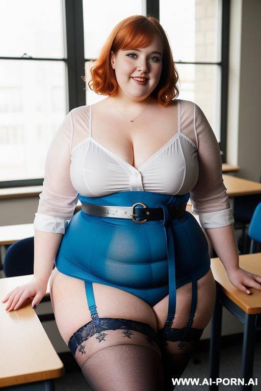 full body photo shot, about at classroom, very (((obese))) fat bbw curvy with a few love handless and big tummy, wearing a sexy and hot blue stocking lingeries and a microskirt. - #main
