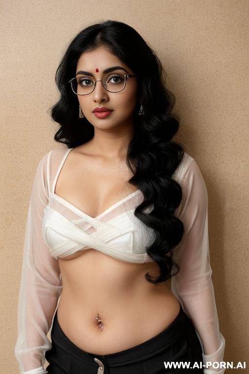big eyes, round face, saree, pale skin, cute, beautiful, indian woman, navel, flashing navel, round glasses, chubby, background ((wall)) - #main