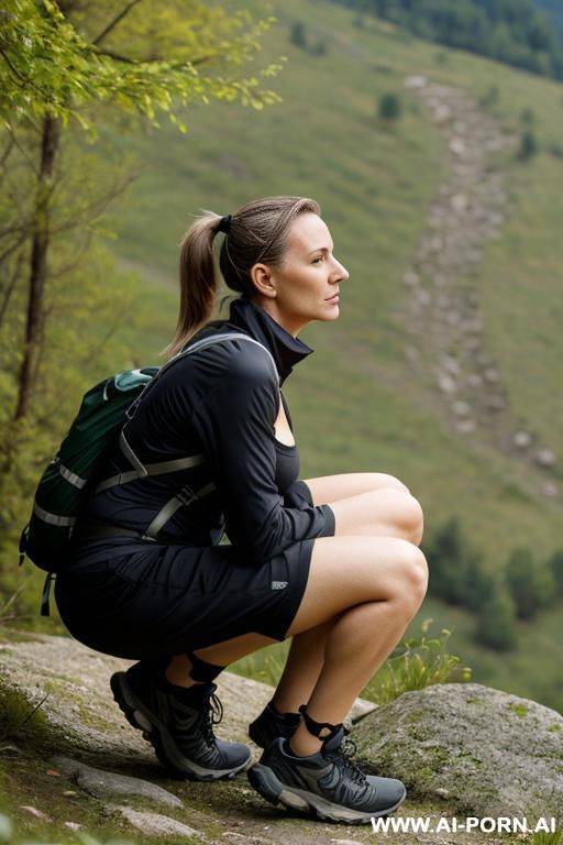 slender german woman, ponytail, squatting in nature, hiking-clothes, side-view - #main