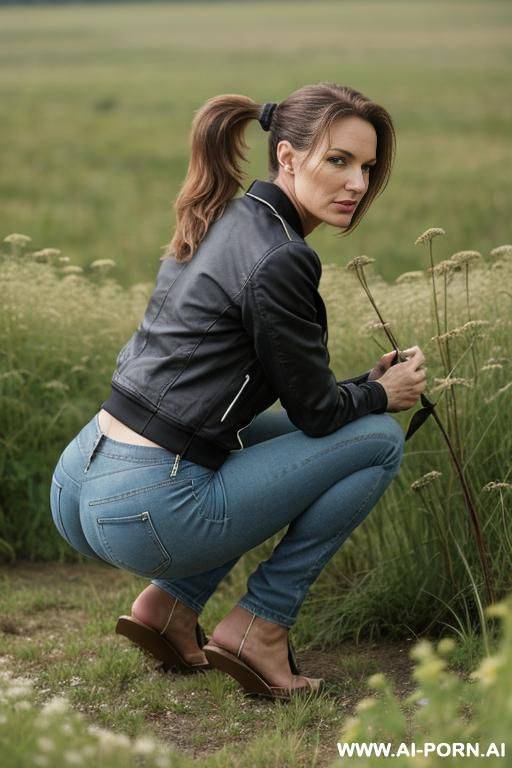 slender german woman, ponytail, squatting in weeds, gap between feet, jeanspants, jacket, backview - #main