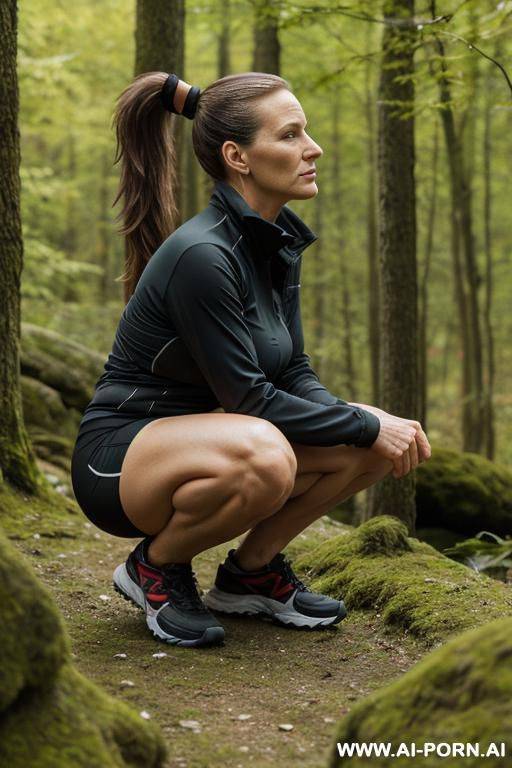 slender german woman, ponytail, squatting in nature, outdoor-clothes, side-view - #main