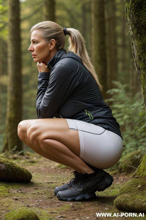 slender german woman, ponytail, squatting in nature, outdoorclothes, side-view - #main