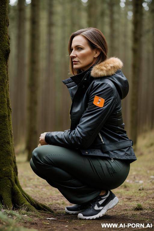 slender dutch woman, squatting in nature,, pants, jacket, side-view - #main