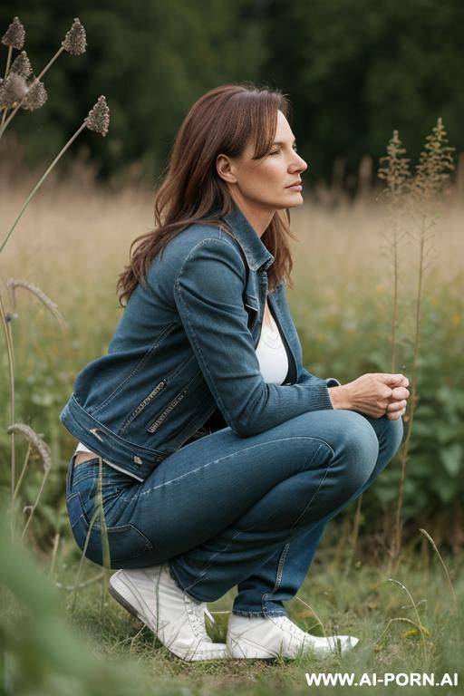 slender german woman, squatting in weeds,, jeanspants, jacket, side-view - #main