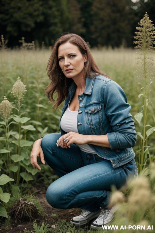german woman, squatting in weeds,, jeanspants, jacket - #main