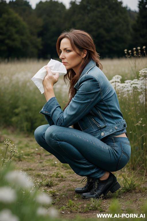 slender german woman, squatting in weeds,, jeanspants, jacket, holding tissues, side-view - #main