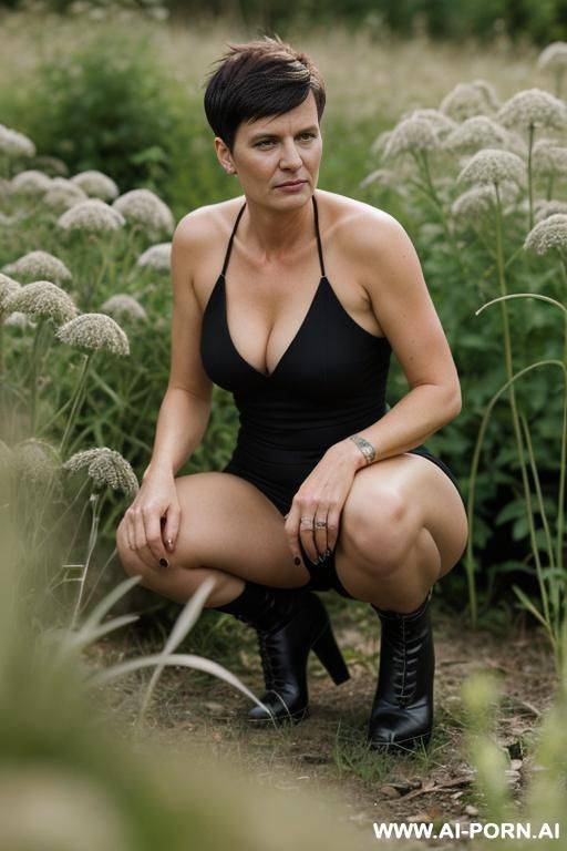 german woman, pixiecut, edgy chin, squatting in weeds - #main