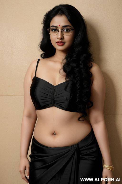 big eyes, saree, pale skin, cute, beautiful, indian woman, navel, flashing navel, round glasses, chubby, background ((wall)) - #main