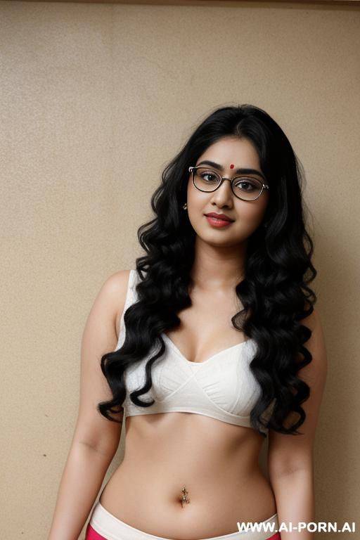 very cute, big eyes, saree, pale skin, cute, beautiful, indian woman, navel, flashing navel, round glasses, chubby, background ((wall)) - #main