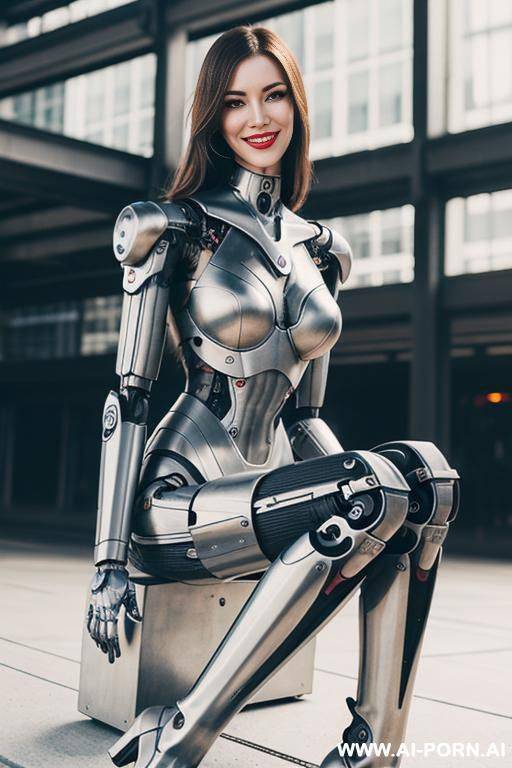 realistic beautiful cyborg robot woman completely made of metal skin long legs with boots. - #main