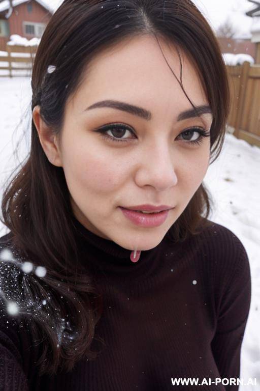 (facial cumshot), staring, turtleneck sweater, outdoor, snow is falling, full shot view, front view - #main