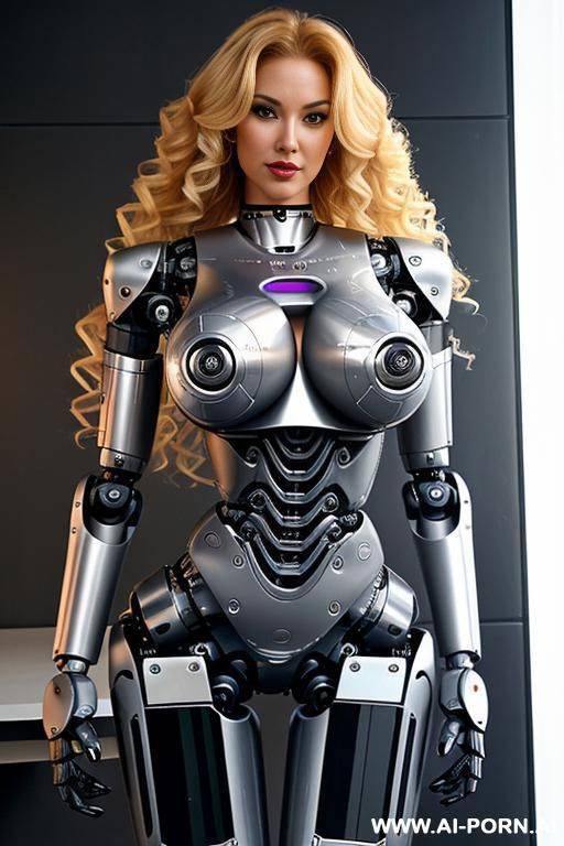 sexy robo cop, long curly blonde hair, fully robotic body, (shapely fit body, huge robotic tits:1.3) - #main