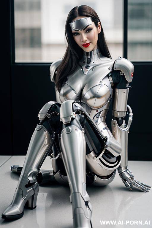 realistic beautiful cyborg robot woman completely made of silver metal-latex skin long legs with boots. - #main