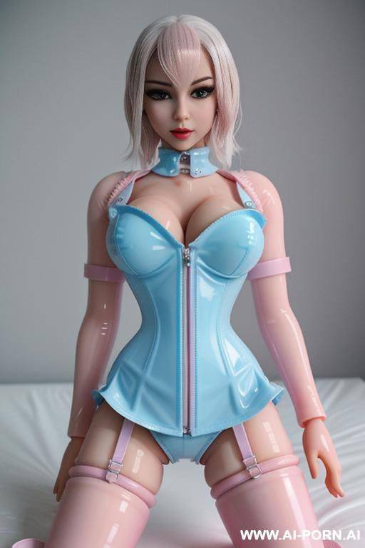 perfect manga bimbo, seamless latex corset, exposed pussy, pink latex bed, riding pose, closeup on face, light blue rubberdoll, ((sexdoll)), latex bimbo, rubber puppet, full body visible, wet body, (((wet latex))) - #main