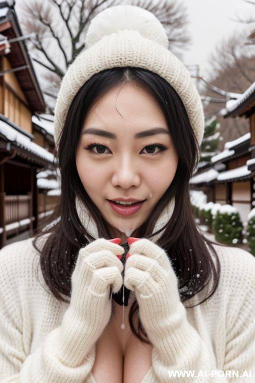 (((facial cumshot))), staring, white sweater, woolen muffler, woolen hat, woolen gloves, outdoor, snow is falling, full shot view, front view - #main