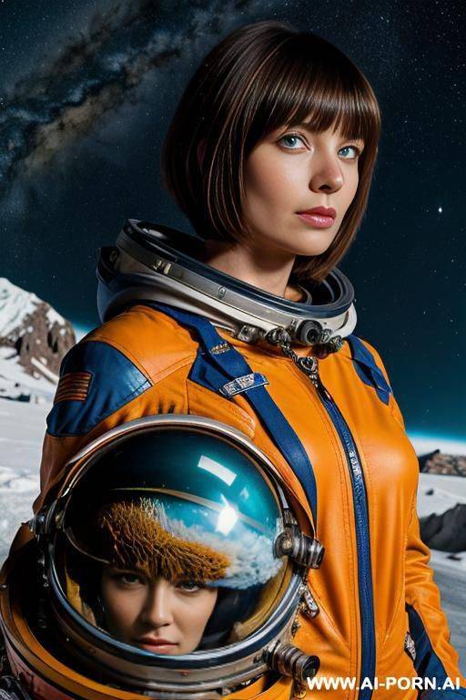 woman in a steampunk space suit, bangles, short bob hair, messy blue hair, holding a space helmet, nordic scenery, snowy mountain with a wrecked space ship, orange with red lines and black letters - #main