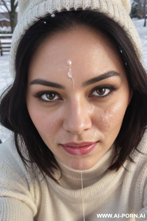 (((facial cumshot))), staring, turtleneck beige sweater, white knitted hat, outdoor, snow is falling, full shot view, front view - #main