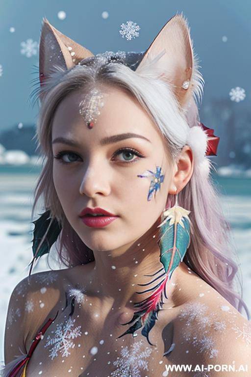 face, sexy, beautiful, ((face painting)), ((bikini as seashell)), ((tattoo roses)), ((eyes shw)), ((angel wings)), ((rainbow hair)), ((long bu hair)), ((wind)), (( cat face)), (( cat ears)), (((feather - #main