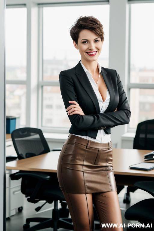 short german woman, late 20s, pixiecut, , grinning, brown hair, standing in office - #main